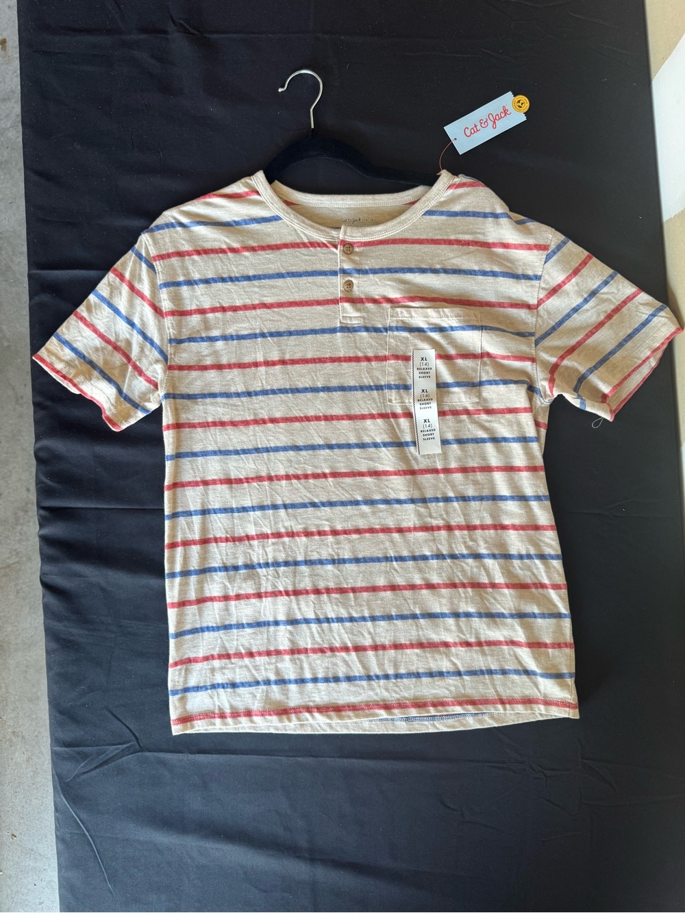 NWT Cat & Jack Boys Striped Short Sleeve Henley Pocket T-Shirt Beige Red Blue
